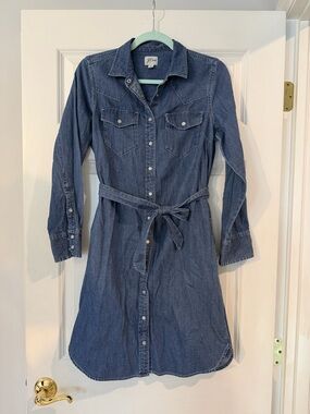 J. Crew Indigo Denim Shirt Dress with Self-Tie Waist